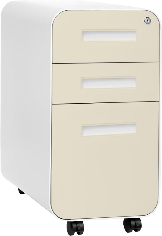 Laura Davidson Furniture Stockpile Slim 3-Drawer Mobile File Cabinet with Lock - Under Desk Metal Filing Cabinet, Legal/Letter File Folders, Wheels & Stationary Feet, Assembled, Ivory Faceplate