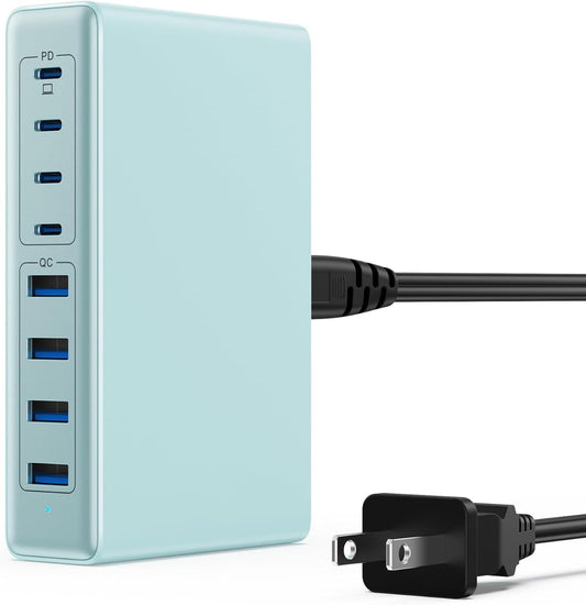 200W USB C Charger Block,8-Ports GaN III Fast Charging Station Hub,PD 65W Laptop Charger Wall Chargers Power Adapter for MacBook Pro/Air,DELL,Steam Desk,iPhone 16/15,Galaxy S25,Pixel-Light Blue