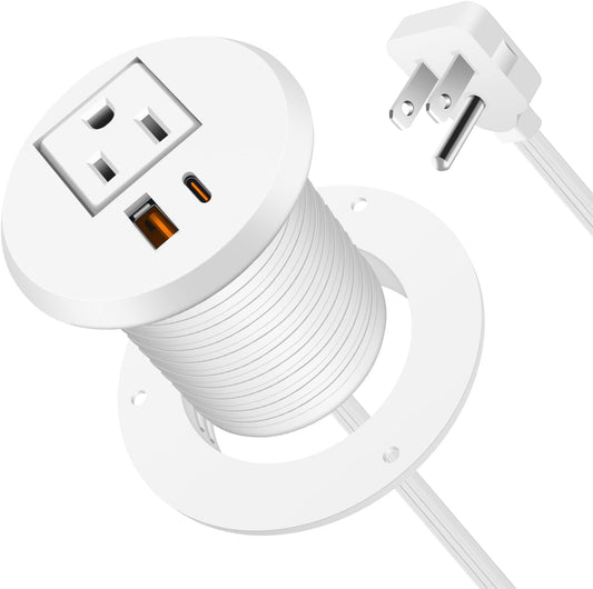 Desktop Power Grommet 2 Inch Hole, PD 30W USB C Fast Charging Station, Recessed Outlet, Ultra Thin Flat Plug Power Strip, Slim Extender, Table Outlets for Home, Office, 6ft Cord, White