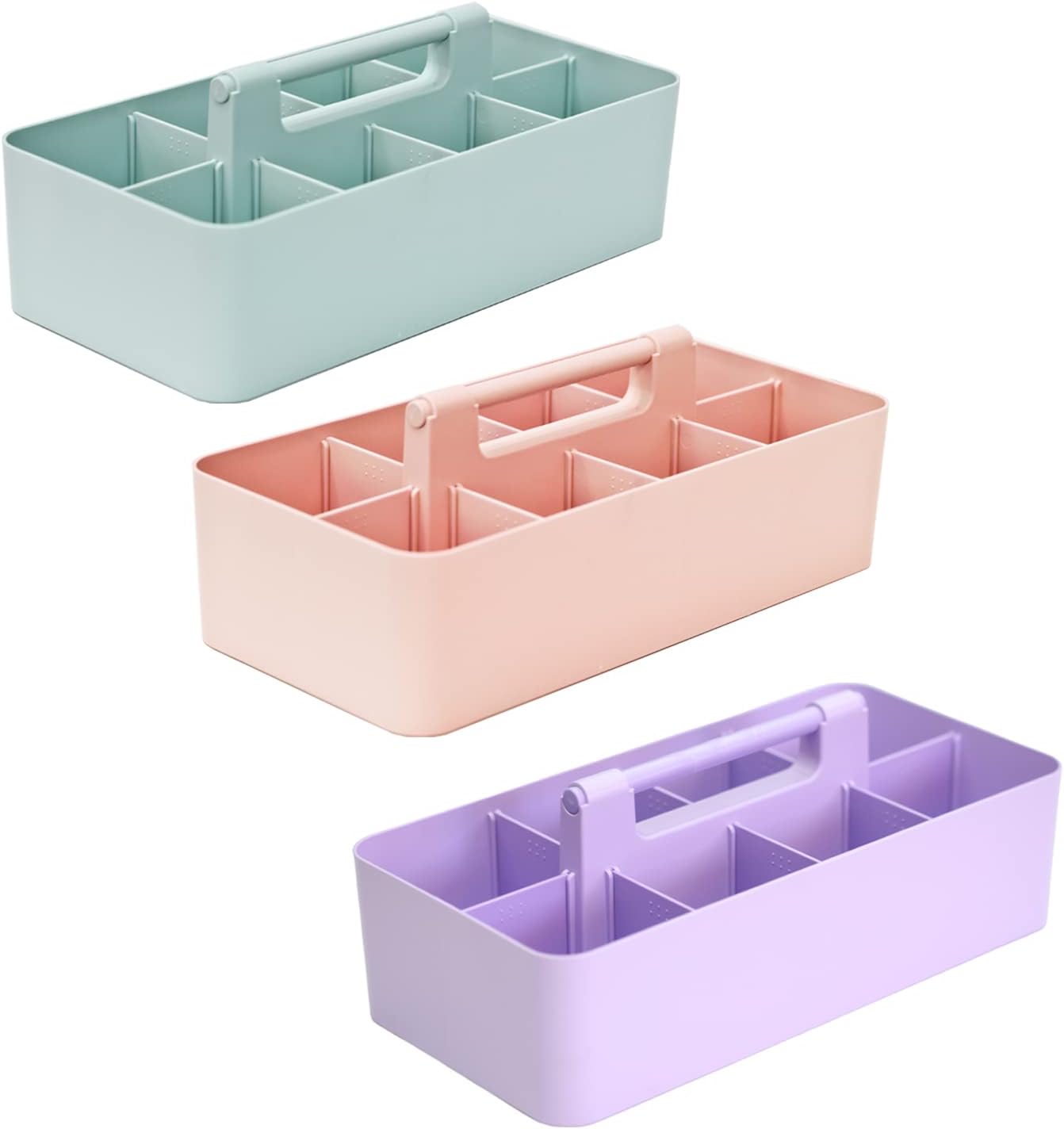 -Large Portable Caddy, DIY Dividers, 8 Compartments, School Office Supplies Home Business Organizer,Portable Basket with Handle Made in USA (3 PACK, Mint/Pink/Lavender)