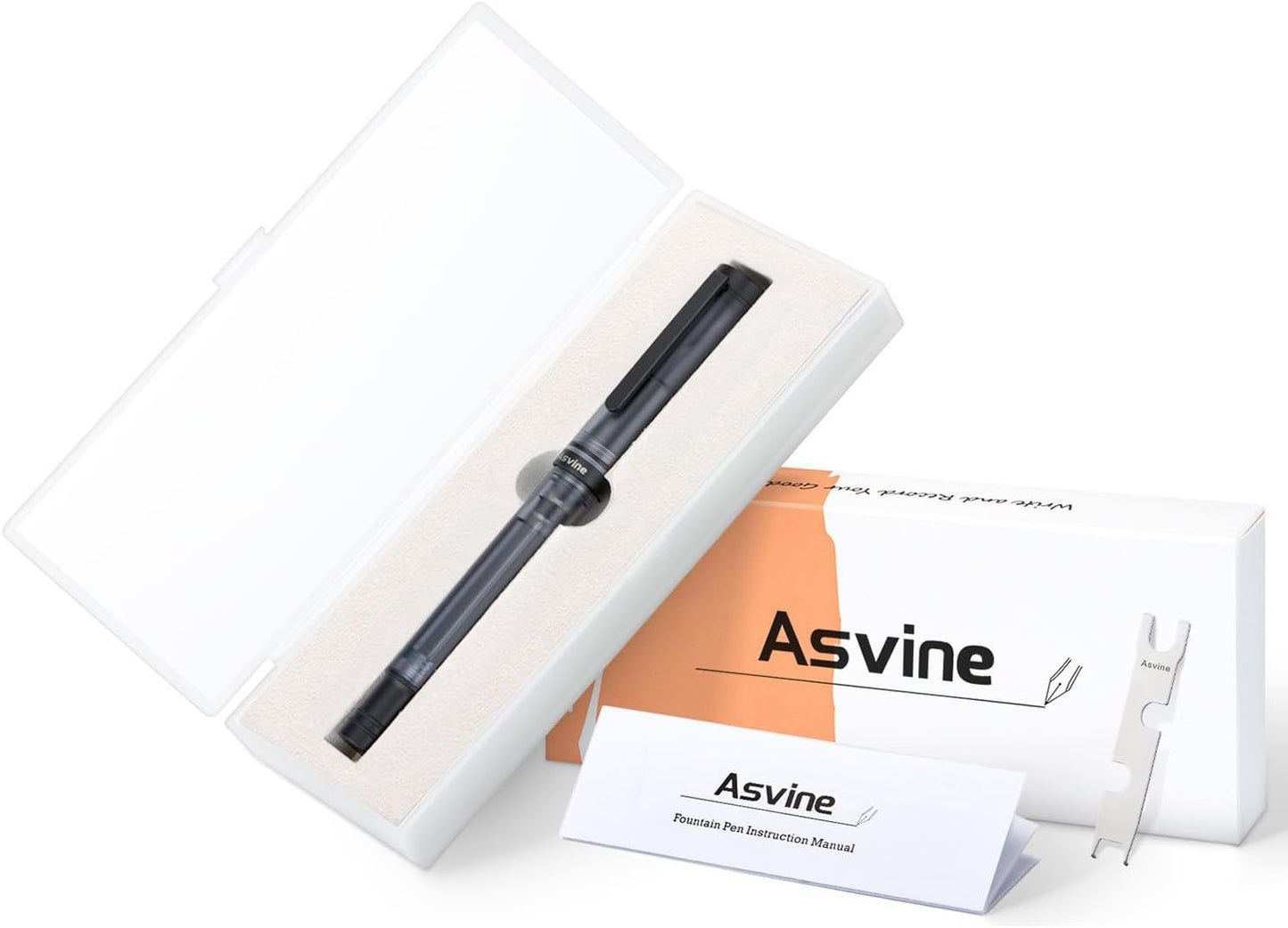 Asvine V200 Titanium Fountain Pen Vacuum Filling, Matte Black Bock Fine Nib Transparent Acrylic Smooth Writing Pen Case Set