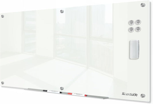 J&J worldwide Glass Dry Erase Board 6' x 3', Glass Whiteboard Magnetic, Large Frameless Glass White Boards for Walls, Includes Magnets, Marker Tray, Eraser for Office, Home, School