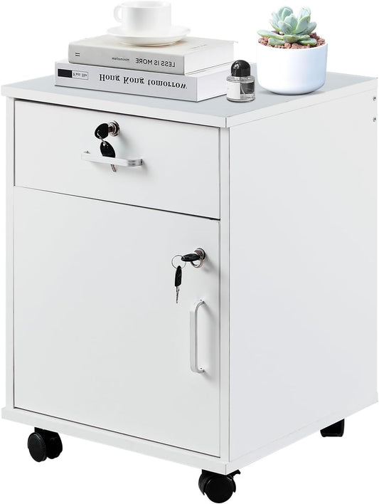 TUKAILAi Mobile File Cabinet with Lockable Drawer & Door, Under Desk Rolling Filing Cabinet with 4 Wheels, Wooden Stationery Storage Cabinet for Home Office (White)