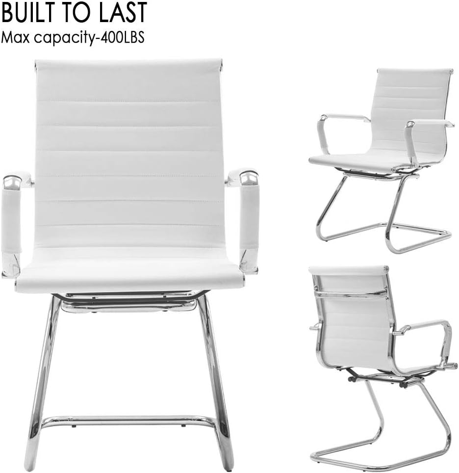 Reception Chairs Leather Conference Chairs No Wheels Back Support Heavy Duty Office Guest Chair, Set of 2 (White)