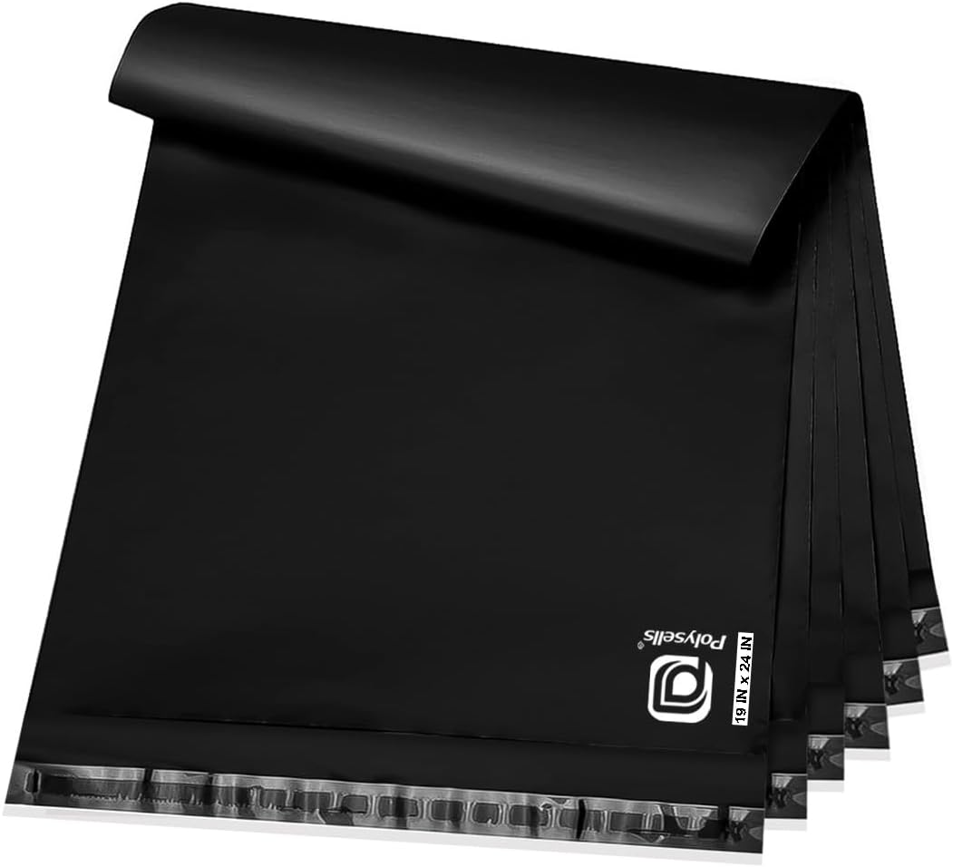POLYSELLS 200 pcs 19x24 Inches Black Poly Mailers Shipping Envelopes, Strong Adhesive Sealing, Waterproof, and Tear-resistant Postal Mailing Bags for Clothing, Books, and Accessories