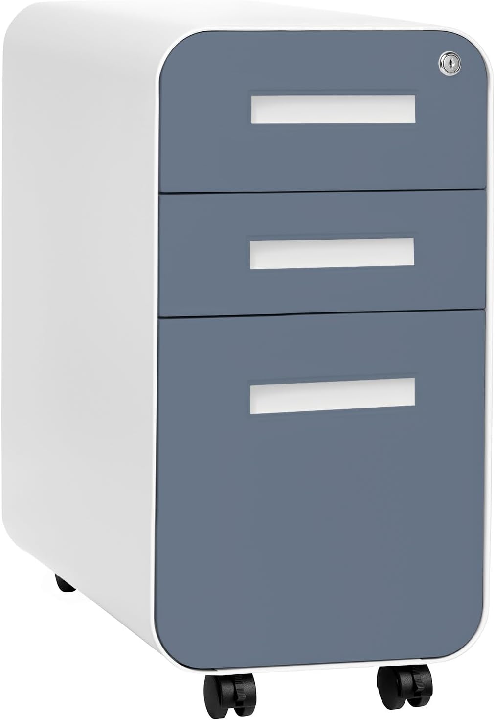 Laura Davidson Furniture Stockpile Slim 3-Drawer Mobile File Cabinet with Lock - Under Desk Metal Filing Cabinet, Legal/Letter File Folders, Wheels & Stationary Feet, Assembled, Coastal Blue Faceplate