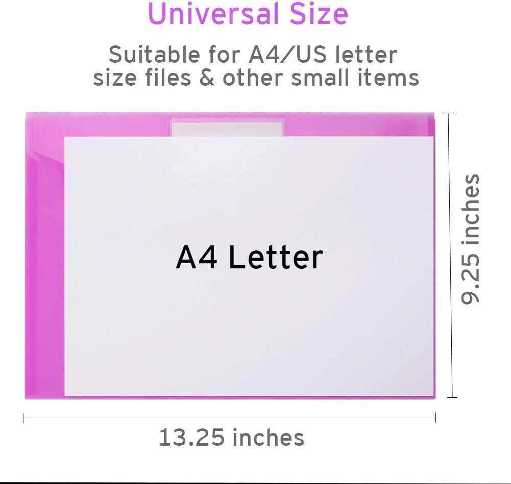 Sooez 28 Pack Folders Plastic Envelopes, Clear Plastic File Folder for Document, Letter A4 Size Poly File Envelopes with Label Pocket, Snap Button for Home Work Office Organizer, 9 Assorted Colors