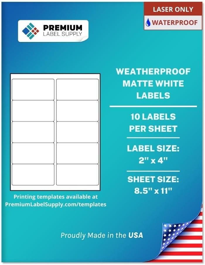 Premium Label Supply Waterproof White Address Sticker Labels – 2" x 4" – Laser Printers Only – (10 per Sheet), 25 Sheets - 250 Total Adhesive Labels