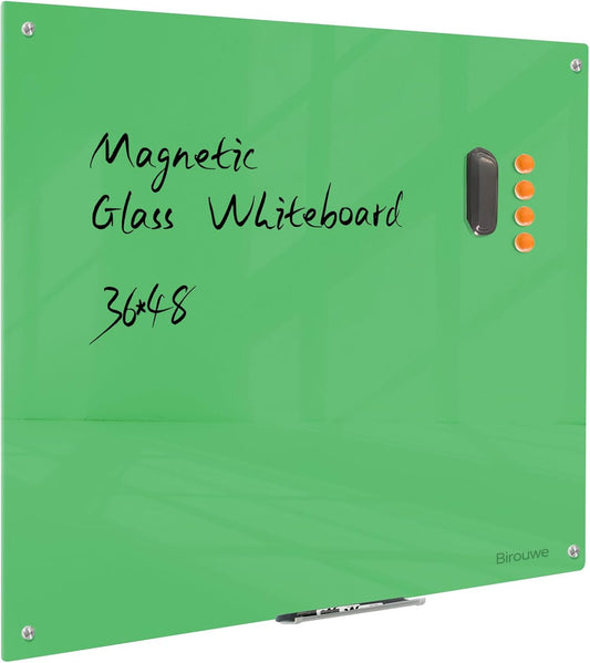 Magnetic Glass Dry Erase Board - White Board 48 x 36 Inch Wall Mounted Glass Whiteboard, Large Frameless Glass White Board for Wall Office, Home & School, Green