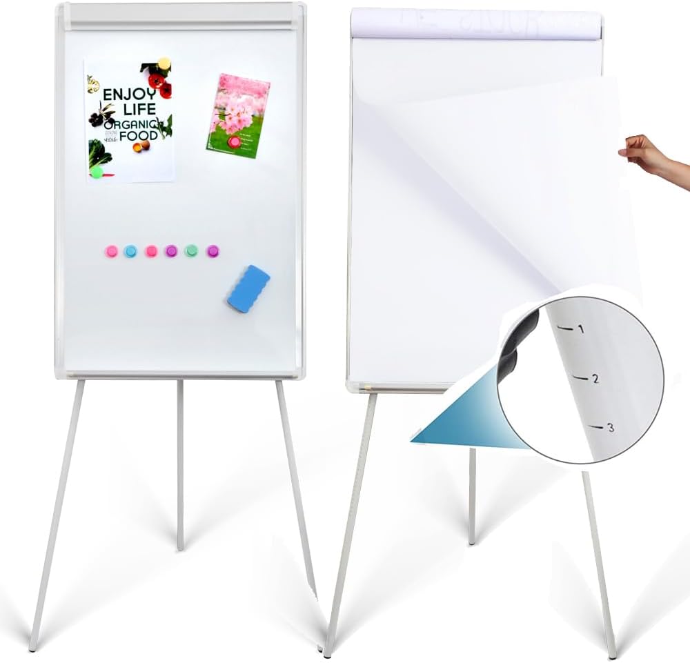 2-Pack Magnetic Dry Erase Easel Set – 36" x 24" Adjustable Height Whiteboard with Tripod Stand, Flipchart Paper, Magnets & Eraser, Great for Office, Classroom & Presentations -White Frame