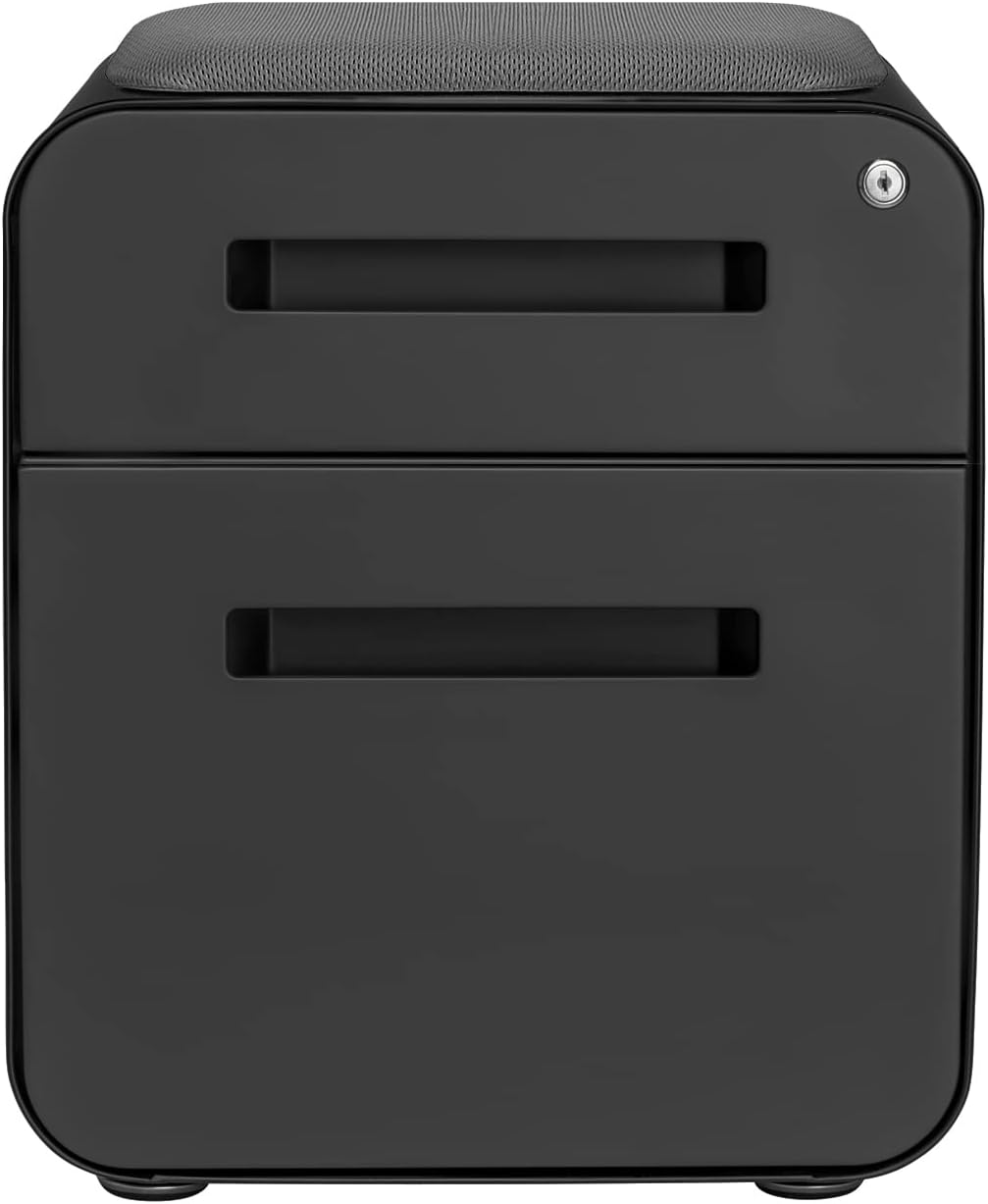 Laura Davidson Furniture STOCKPILE Mini Seated 2 Drawer Mobile File Cabinet with Removable Magnetic Cushion Seat - Short Version, Metal Filing Cabinet, Pre-Assembled, Black with Grey Cushion