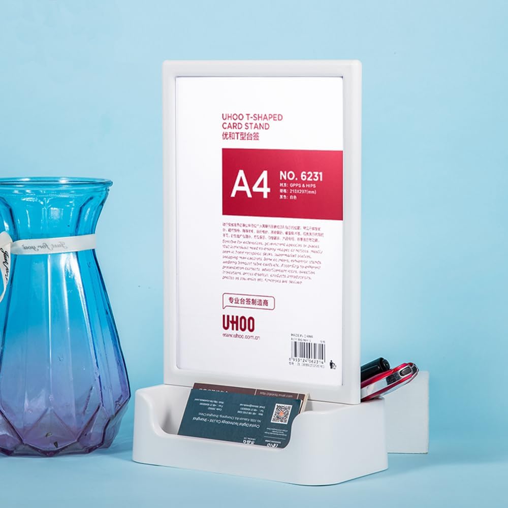 ABS Plastic Sign Holder, Menu Displays T Shape Sign Stand with Business Card Holder, Plastic Display Stand for Ads, Menu, Photos, Business Card (White A5 148×210mm//5.83×8.27 inches)
