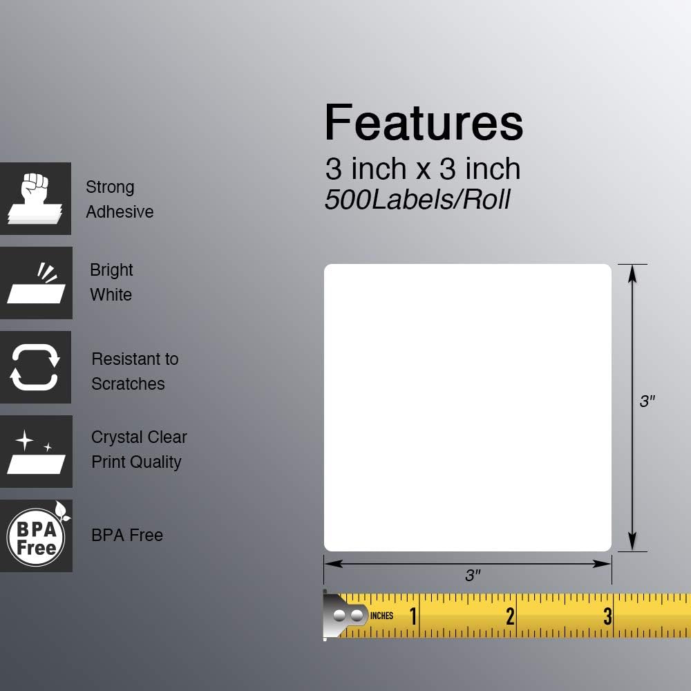 BETCKEY - 3" x 3" (76 mm x 76 mm) Multipurpose & Large Square Labels Compatible with Zebra & Rollo Label Printer,Premium Adhesive & Perforated [6 Rolls, 3000 Labels]