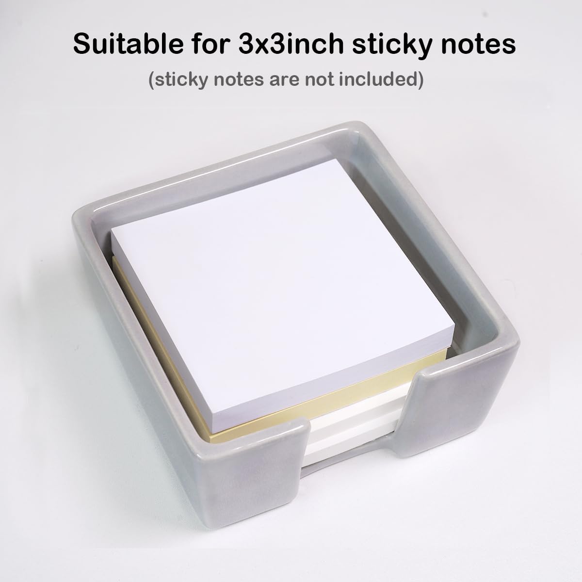Ceramic Sticky Note Holder, 3 x 3" Sticky Note Dispenser, Notepad Holder for Desk, Office Essentials Organizer (Grey)