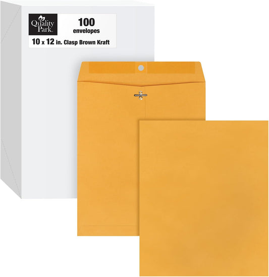 Quality Park 10 x 12 Clasp Envelopes with Clasp Closure and Gummed Seal, Great for Filing, Storing or Mailing Documents, 28 lb Brown Kraft, 100 per Box (QUA37895)