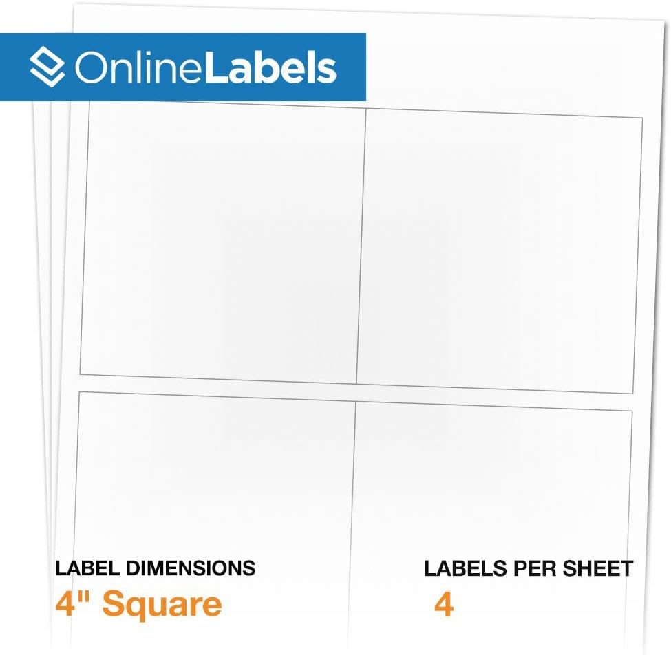 4 x 4 Square Label - Pack of 400 Labels, 100 Sheets - Inkjet/Laser Printer - Online Labels