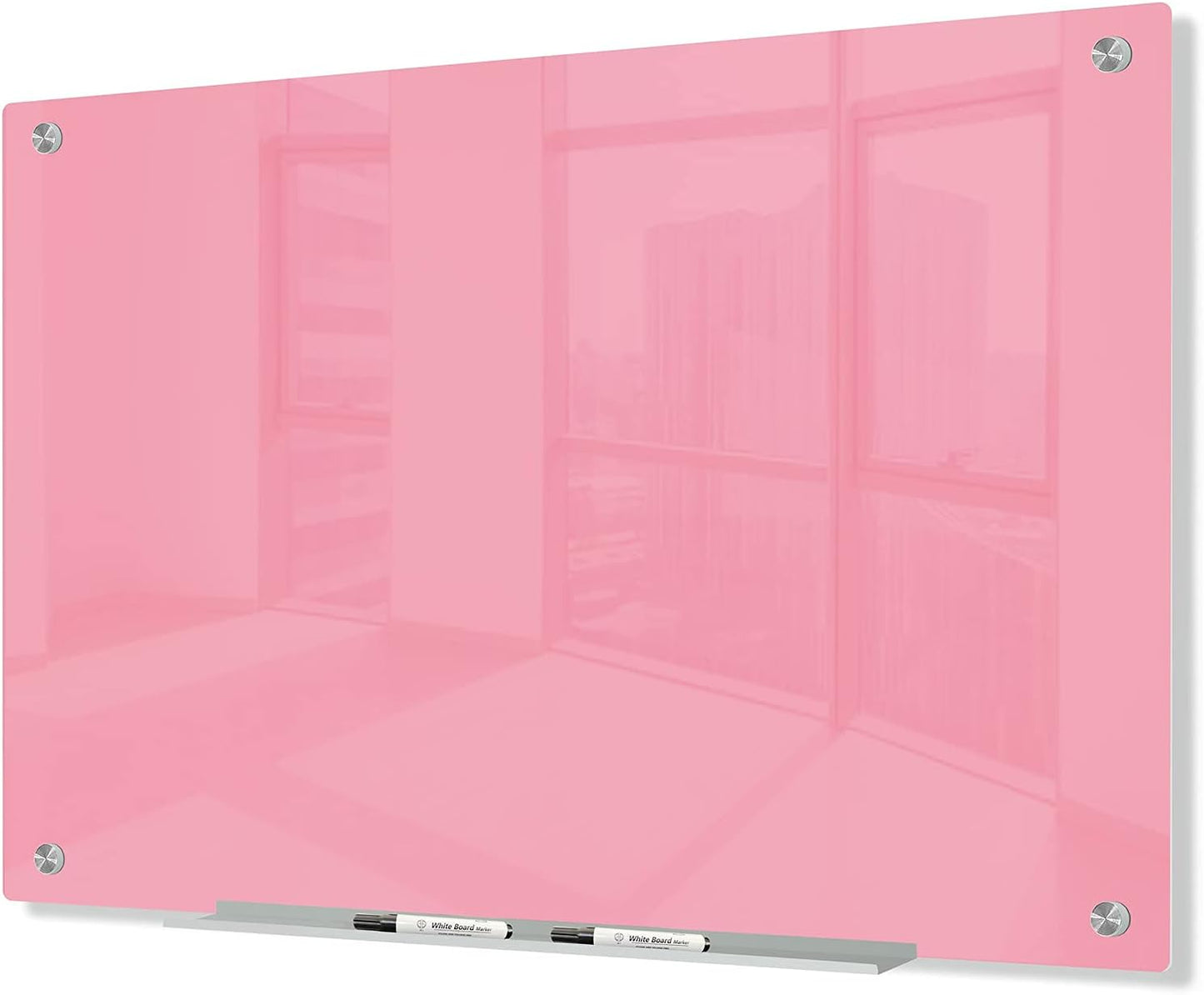 J&J worldwide Magnetic Glass Whiteboard, Wall Mounted Glass Dry Erase Board 47 x 35 Inch, Pink Surface, Frameless with Markers, Magnets, Marker Tray, Eraser for Office, Home, School