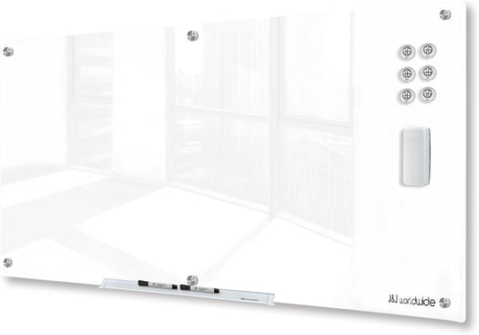 J&J worldwide Glass Whiteboard, Magnetic Brilliance White Glass Dry Erase Board 6' x 4', Includes Markers, Marker Tray, Eraser for Wall, Office, Home, School