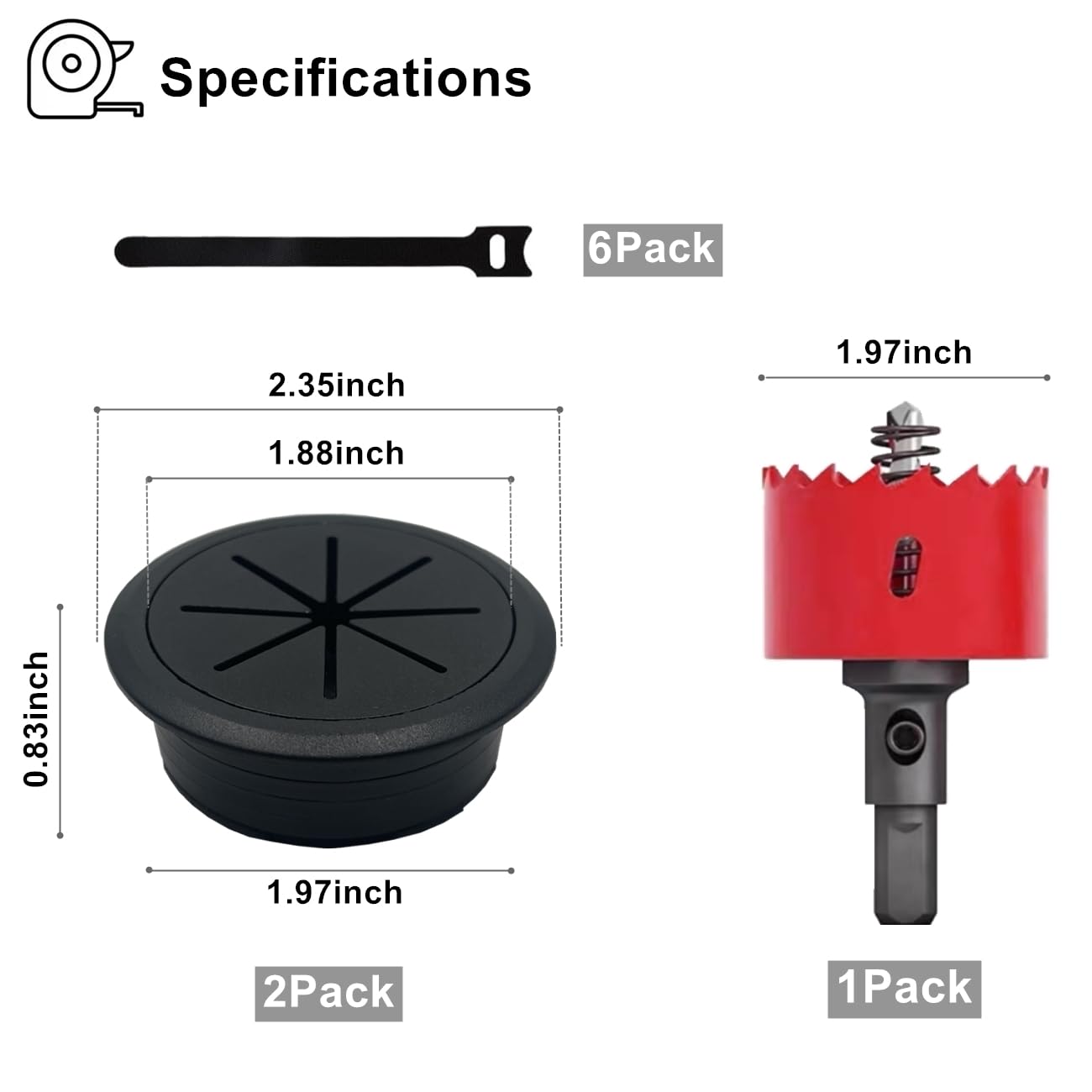 2 Pack Desk Grommet 2 Inch (50 mm), Desk Hole Cover for Cables, Black Desk Cord Hole Cover for Office Home Table, Cable Grommet with 1 Hole Saw Drill Attachment & 6 Cable Ties