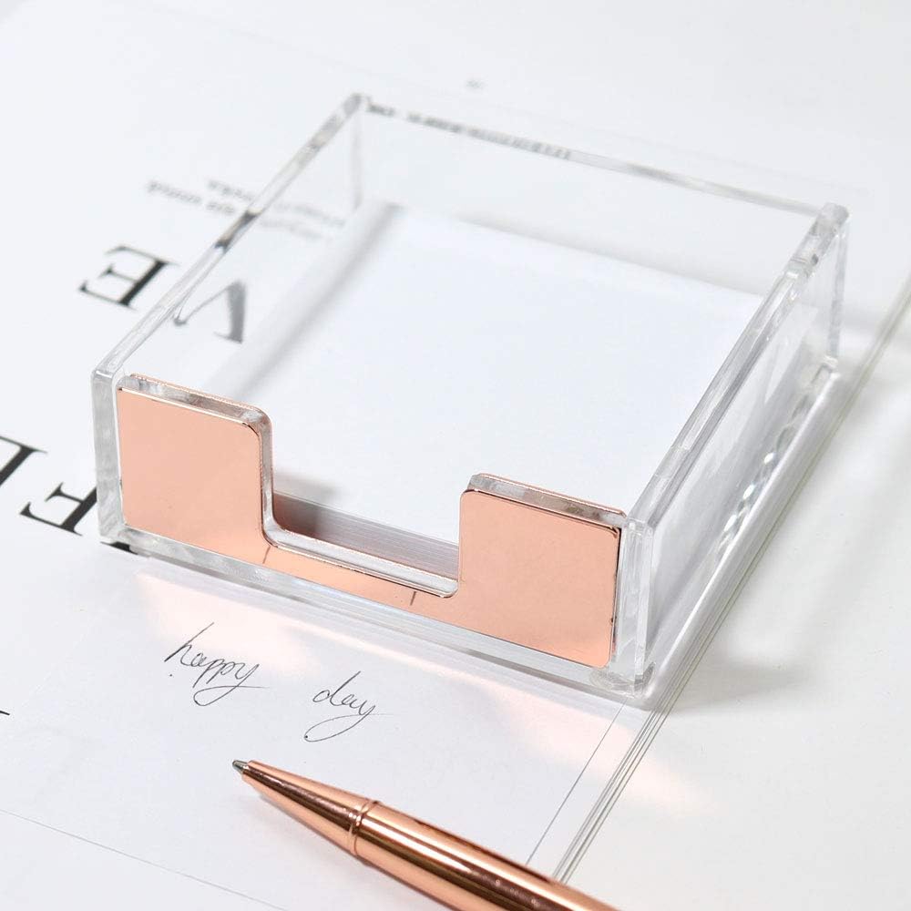 MultiBey Sticky Notes Memo Pad Holder Dispenser Rose Gold with Clear Desk Supplies Organizer Accessories for Office Home Schools (Rose Gold)