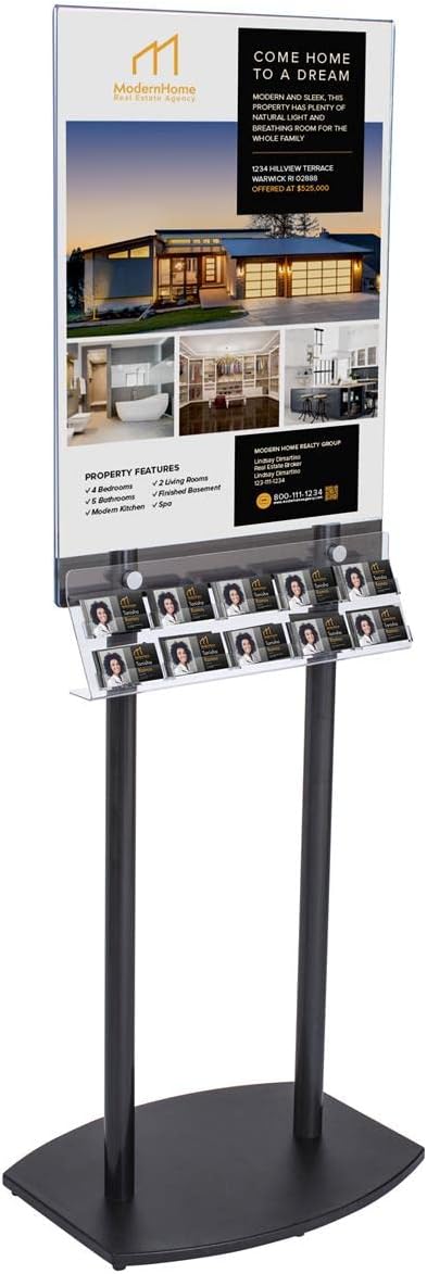 Displays2go Poster Holder with Business Card Attachment, Laminated MDF & Acrylic Construction – Black, Clear Finish (BC10SCLPSB)