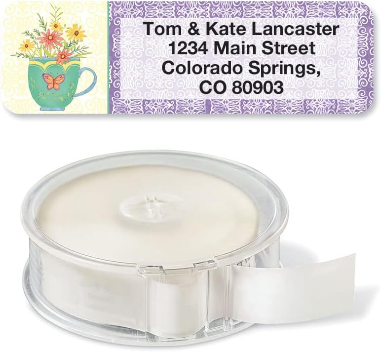 Teacups Rolled Personalized Return Address Mailing Labels with Dispenser, Set of 250, 5 Designs, Small ¾ x 2½ Inch Size, Custom Self-Adhesive Sticker Roll, by Colorful Images
