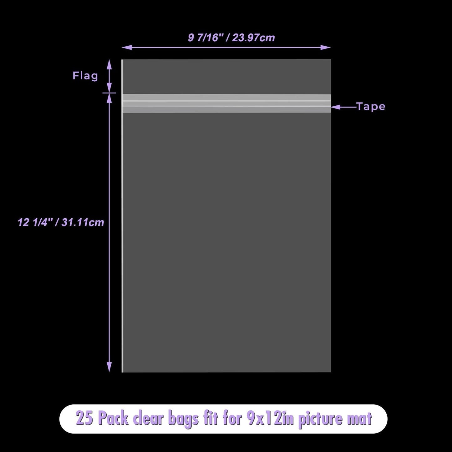 Frametory, 25 Pack 9 7/16"x12 1/4" Acid-Free Clear Plastic Bags, Self Seal Crystal Photo Sleeves for 9X12 Framing Mat Mattes, Prints, A4 & Letter Sized Documents