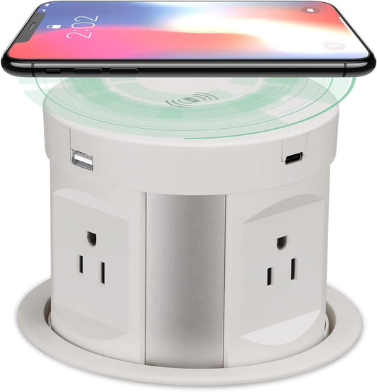 Automatic Pop up Outlet, Wireless Charger Power Strip Surge Protector Recessed Outlet, 4 AC Plug + Type-A and Type-C USB Port Outlets for Countertop Kitchen Island Conference Workbench, ETL Listed