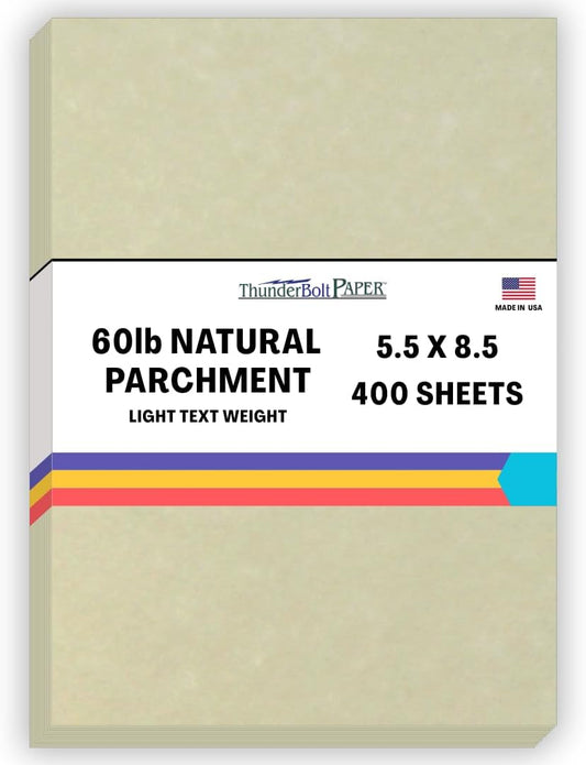 400 Natural Parchment 60# Text (=24# Bond) Paper Sheets - 5.5 X 8.5 Inches Half Letter | Statement Size - 60 Pound is Not Card Weight - Vintage Colored Old Parchment Semblance