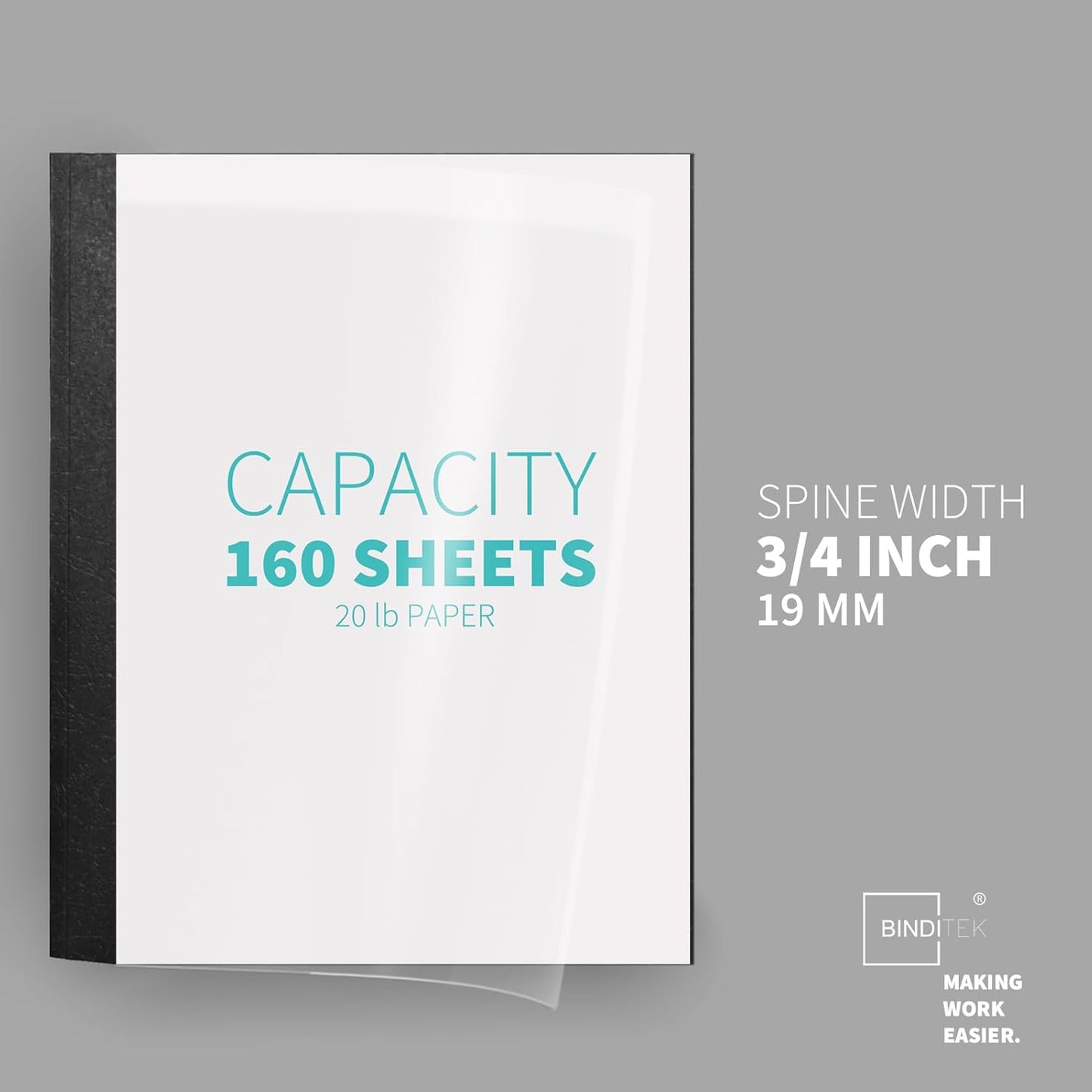 Binditek 10 Pack Thermal Binding Presentation Covers, 3/4 Inch Spine, Holds 160 Sheets, Ultra Clear Front Cover, Black Paper Back Cover, Letter Size, for Students and Coworkers