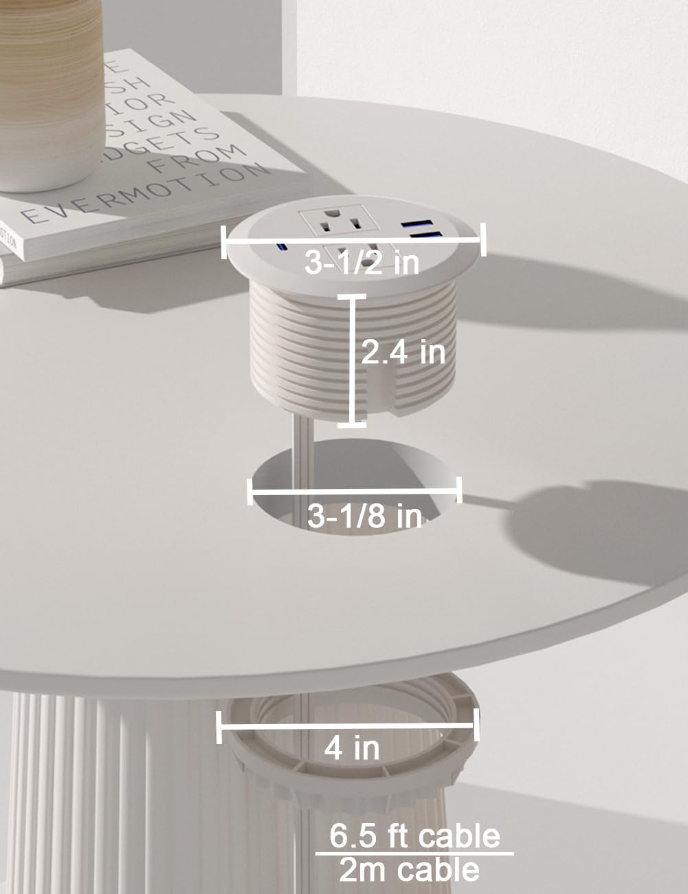 2PCS 3 Inch Desktop Power Grommet,20W USB C Fast Charging Station,3-USB Port,Flush Mount,6.5 ft Power Cord.Round Recessed Power Strip,Desk Hole Grommet Outlet for Workspace,White