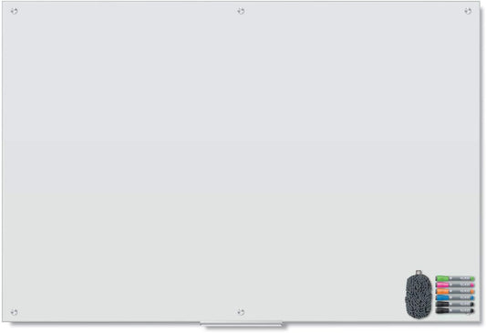 U Brands Magnetic Glass Dry Erase Board, Office Supplies, White, with Eraser, Markers, Magnet, 18” Tray, 5mm, 48” x 72”