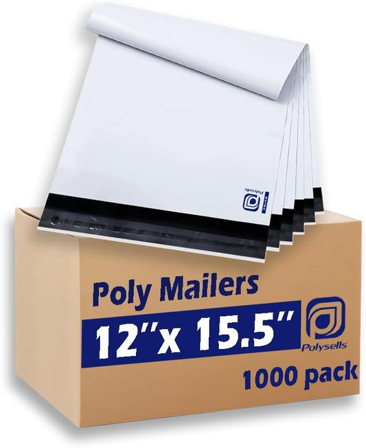 POLYSELLS 1000 pcs 12x15.5 Inches White Poly Mailers Shipping Envelopes, Strong Adhesive Sealing, Waterproof, and Tear-resistant Postal Mailing Bags for Clothing, Books, and Accessories
