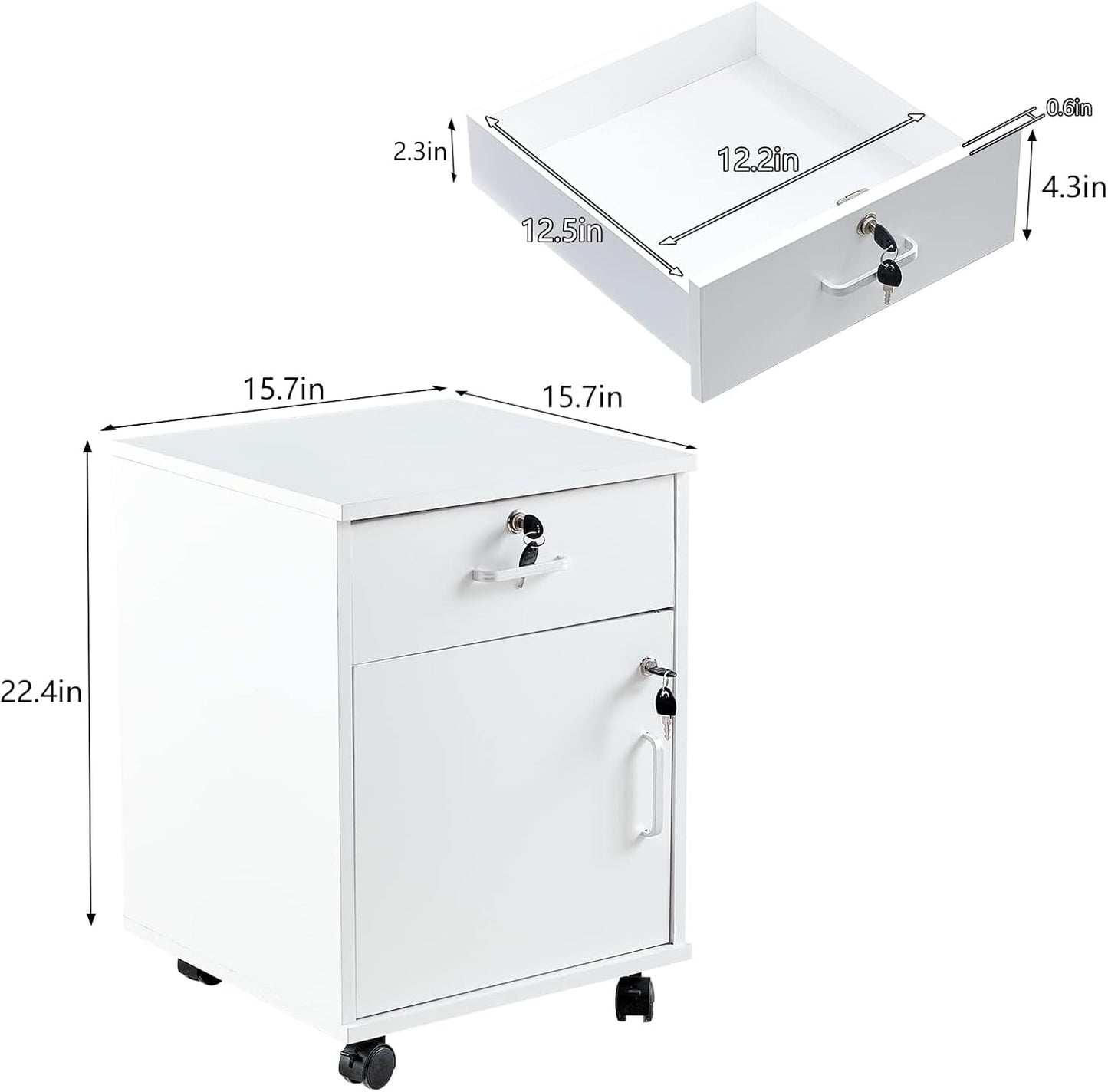 CLIPOP Rolling Storage Cabinet with Drawer, Home Office Cabinet with Lock, Under Desk Storage Cabinet for Home Office (White)