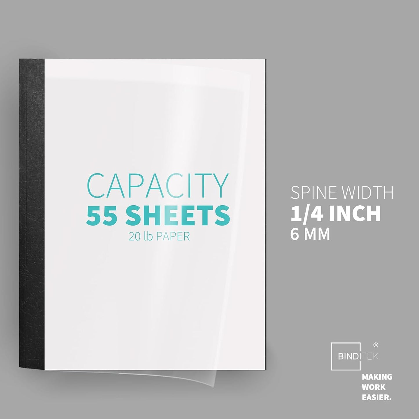 Binditek 10 Pack Thermal Binding Presentation Covers, 1/4 Inch Spine, Holds 55 Sheets, Ultra Clear Front Cover, Black Paper Back Cover, Letter Size, for Students and Coworkers