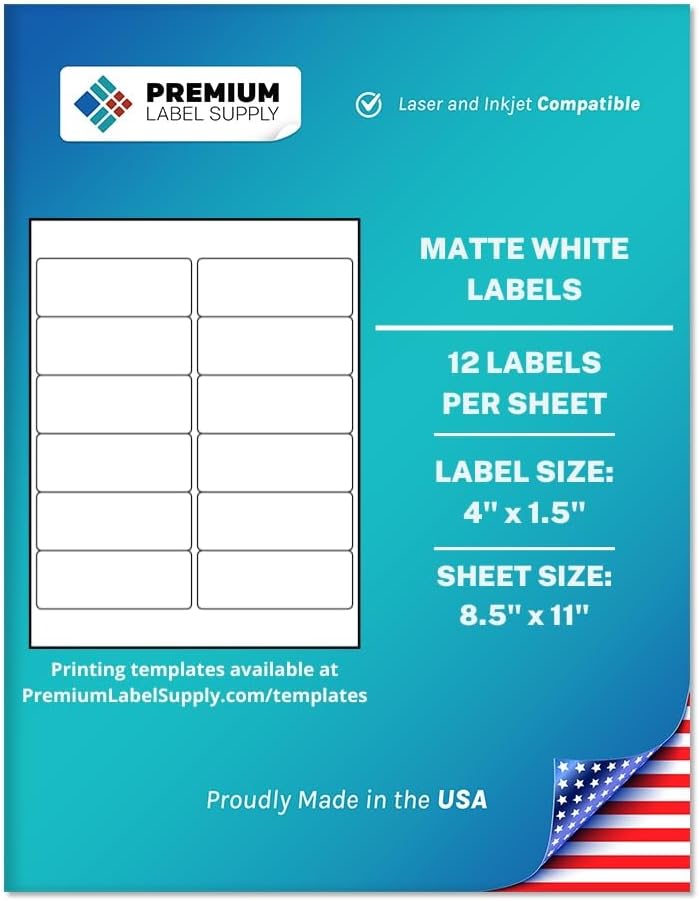 Premium Label Supply White Sticker Address Labels – 4" x 1.5" – Laser/Inkjet Compatible – (12 per Sheet), 1000 Sheets – 12,000 Total Adhesive Labels