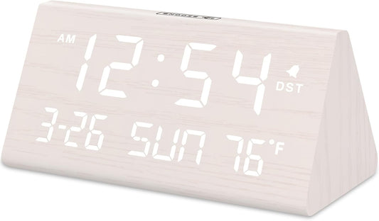 DreamSky Digital Alarm Clocks for Bedrooms - Wooden Desk Clock with Date, Day of Week, USB Port, Temperature, Dimmer for Bedside Table, Living Room, Office, Adjustable Volume, Auto DST, Wood Decor