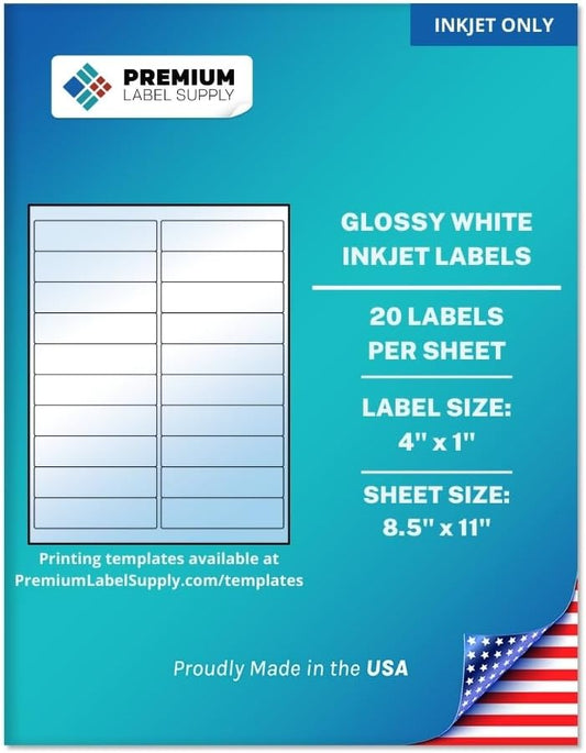 Premium Label Supply Glossy White Address Sticker Labels – 4" x 1" – (20 per Sheet) (Glossy White for Inkjet Only, 10,000 Labels)