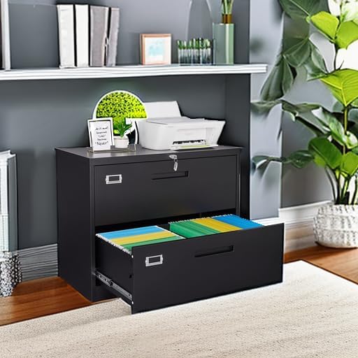 Letaya Metal Lateral File Cabinets with Lock,2 Drawer Steel Wide Filing Organization Storage Cabinets,Home Office Furniture for Hanging Files Letter/Legal/F4/A4 Size (Blcak-2 Drawer)