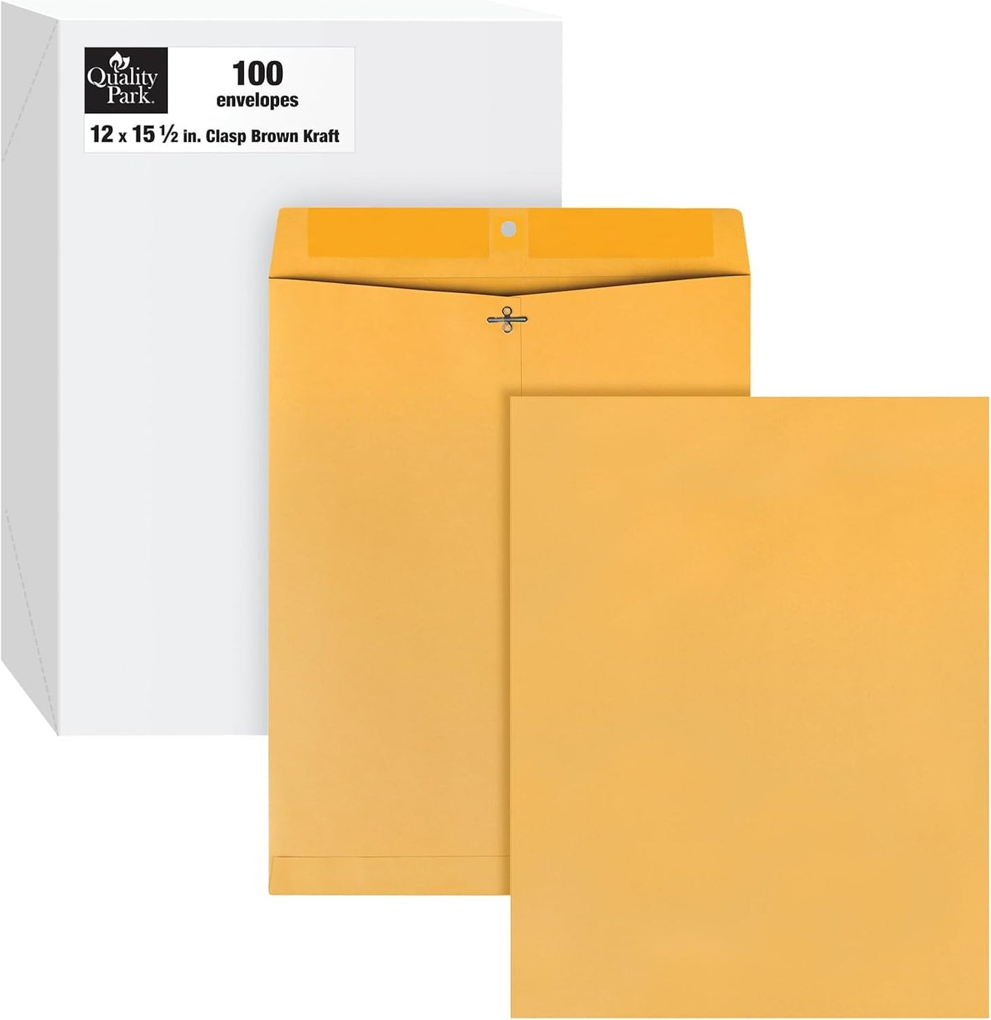 Quality Park 12 x 15-1/2 Clasp Envelopes, Clasp and Gummed Closures, for Oversized Papers, Drawings or Posters, 32 lb Kraft Paper, 100/Box (QUA37810)