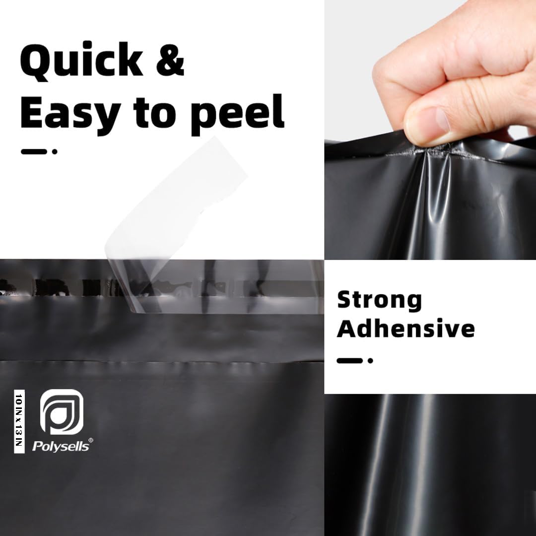 POLYSELLS 500 pcs 10x13 Inches Black Poly Mailers Shipping Envelopes, Strong Adhesive Sealing, Waterproof, and Tear-resistant Postal Mailing Bags for Clothing, Books, and Accessories