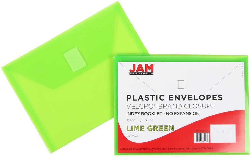 JAM PAPER Plastic Envelopes with Hook & Loop Closure - Index - 5 1/2 x 7 1/2 - Lime Green - 12/Pack