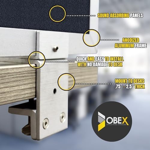 OBEX Acoustic Mounted Screen Privacy Panel Table Top Separator, Sound Blocking Desk Divider (Slate, 24" X 48")