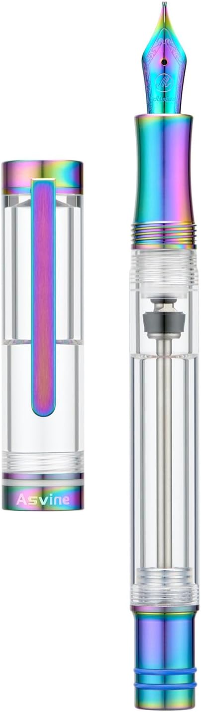 Asvine V200 Titanium Fountain Pen Vacuum Filling, Rainbow Iridium Fine Point Transparent Acrylic Smooth Writing Pen Case Set