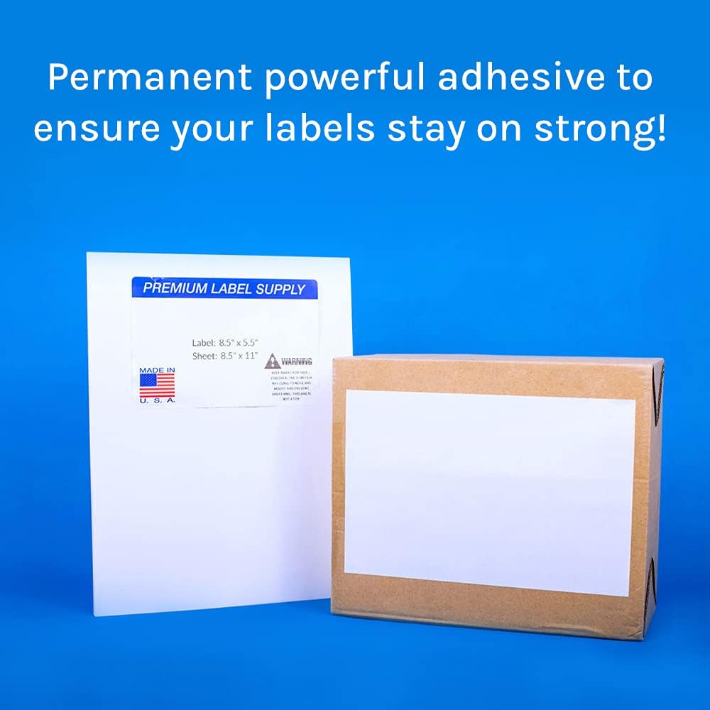 Premium Label Supply White Sticker Half Sheet Labels – 8.5" x 5.5" – Laser/Inkjet Compatible – (2 per Sheet), 300 Sheets - 600 Total Adhesive Labels