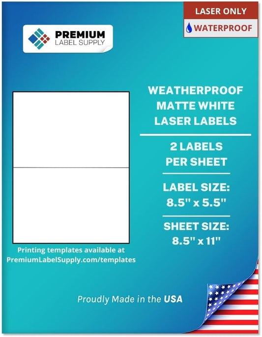 Premium Label Supply Waterproof Matte White Shipping Labels – 8.5" x 5.5" – Laser Printers Only – (2 per Sheet), 500 Sheets - 1,000 Total Adhesive Labels