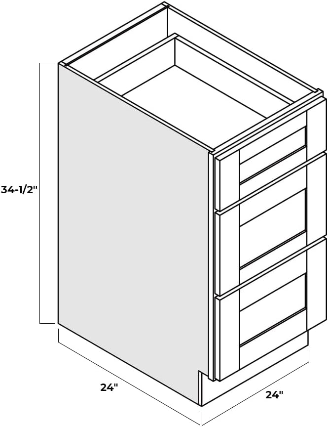 Shaker Style Grey RTA Base Drawer Cabinet by Solid Wood for Kitchen, Bathroom, Bedroom or Office with 3 Drawers and Soft Close(24" W x 24" Depth x 34-1/2" H)