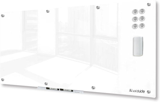 J&J worldwide Glass Whiteboard, Magnetic Brilliance White Glass Dry Erase Board 8' x 4', Includes Markers, Marker Tray, Eraser for Wall, Office, Home, School