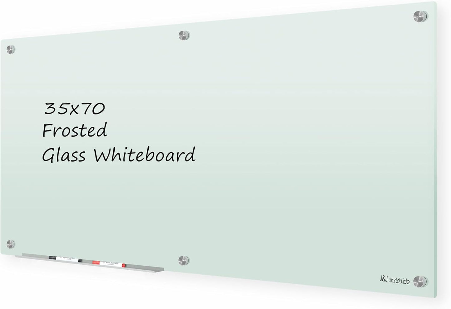 J&J worldwide Glass Whiteboard 6' x 3', Frosted Glass Dry Erase Board Non-Magnetic, Semi-Transparent, Includes Markers, Marker Tray, Eraser for Wall, Office, Home, School