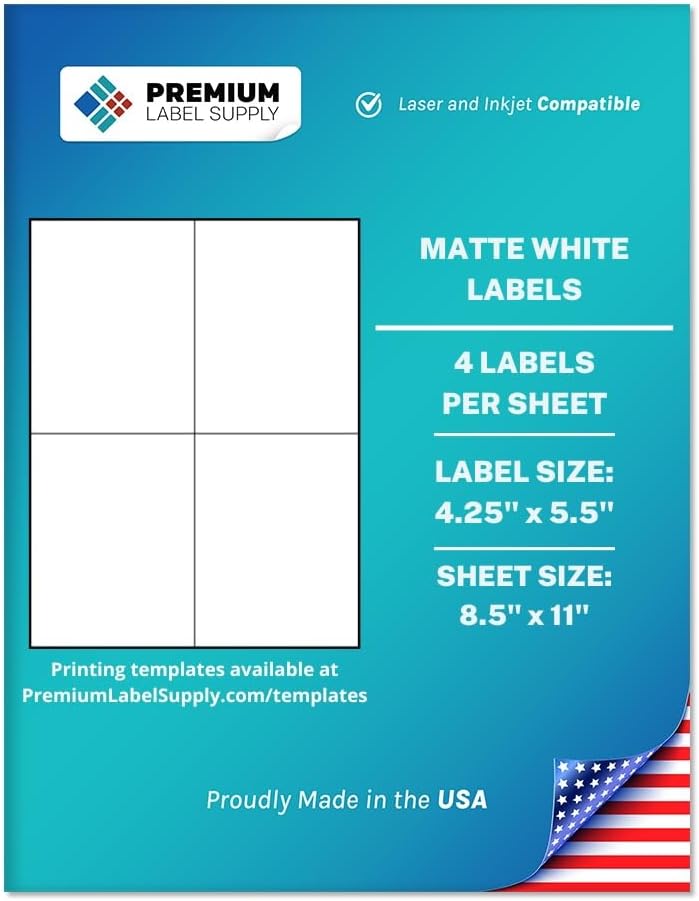 Premium Label Supply White Sticker Shipping Labels – 4.25" x 5.5" – Laser/Inkjet Compatible – (4 per Sheet), 25 Sheets – 100 Total Adhesive Labels